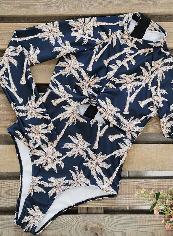 Palm Plant Print Long Sleeve Surfing Suit