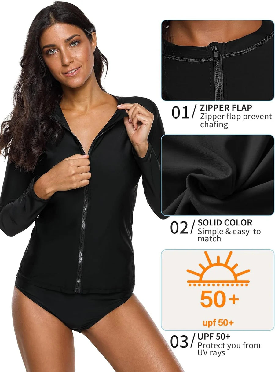 SunSafe Women's Solid Color Zip-Front Rashguard Swim Shirt - Black