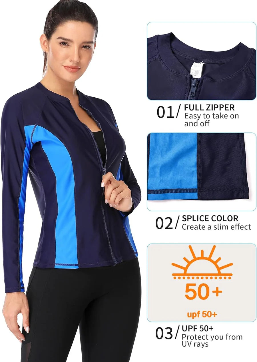 BlueWave Colorblock Zip Rashguard – Women’s UPF 50+ Long Sleeve Swim Shirt