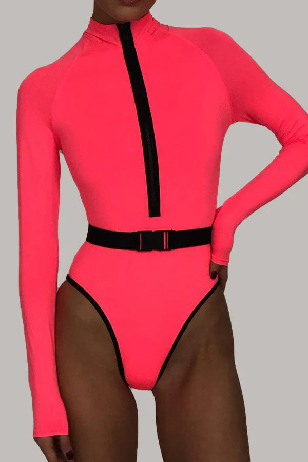 Fluorescent Color Half Zip Long Sleeve UPF50+ Belted Rash Guard