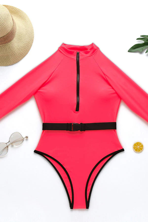 Fluorescent Color Half Zip Long Sleeve UPF50+ Belted Rash Guard