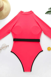 Thumbnail for Fluorescent Color Half Zip Long Sleeve UPF50+ Belted Rash Guard