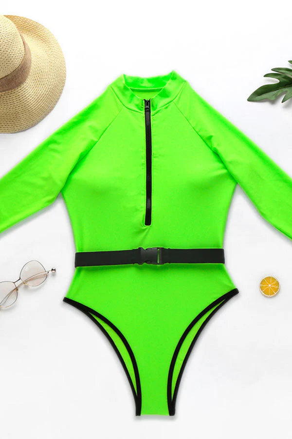 Fluorescent Color Half Zip Long Sleeve UPF50+ Belted Rash Guard
