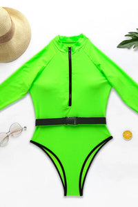 Thumbnail for Fluorescent Color Half Zip Long Sleeve UPF50+ Belted Rash Guard
