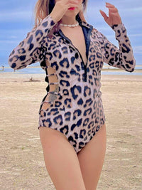 Thumbnail for Leopard Cut-Out Long Sleeve Zip UPF 50+ Rash Guard