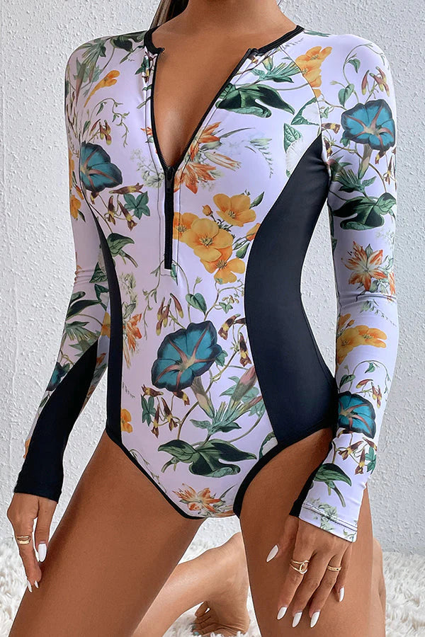 Morning Glory Print Long Sleeve Zip UPF50+ Rash Guard