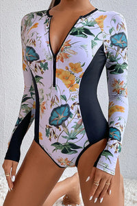 Thumbnail for Morning Glory Print Long Sleeve Zip UPF50+ Rash Guard