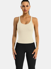 Thumbnail for Beige Ribbed Racerback Workout Crop Tank