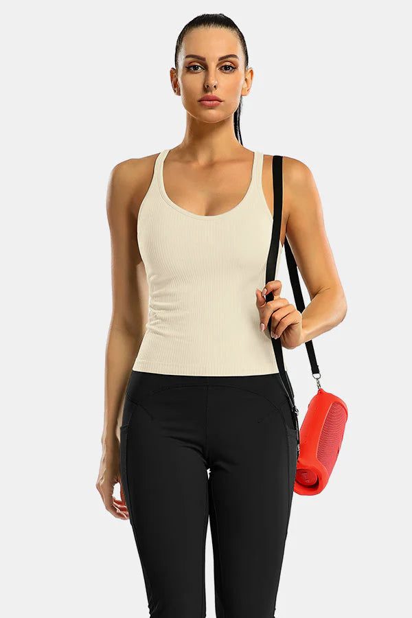 Beige Ribbed Racerback Workout Crop Tank