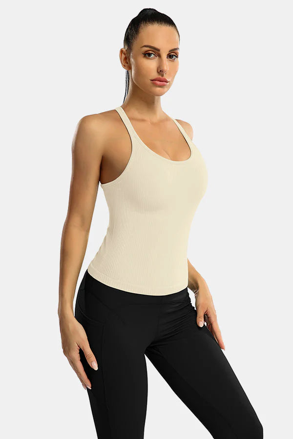 Beige Ribbed Racerback Workout Crop Tank