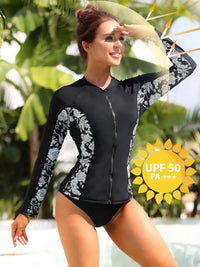 Thumbnail for Black - White Zip-Front Long Sleeve UV-Protective Swim
