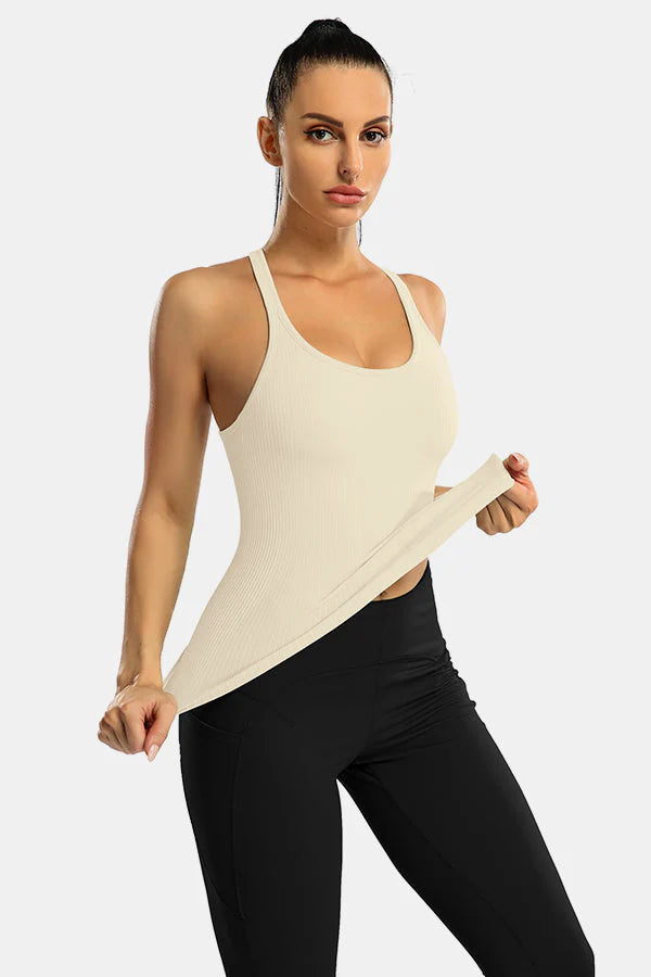 Beige Ribbed Racerback Workout Crop Tank