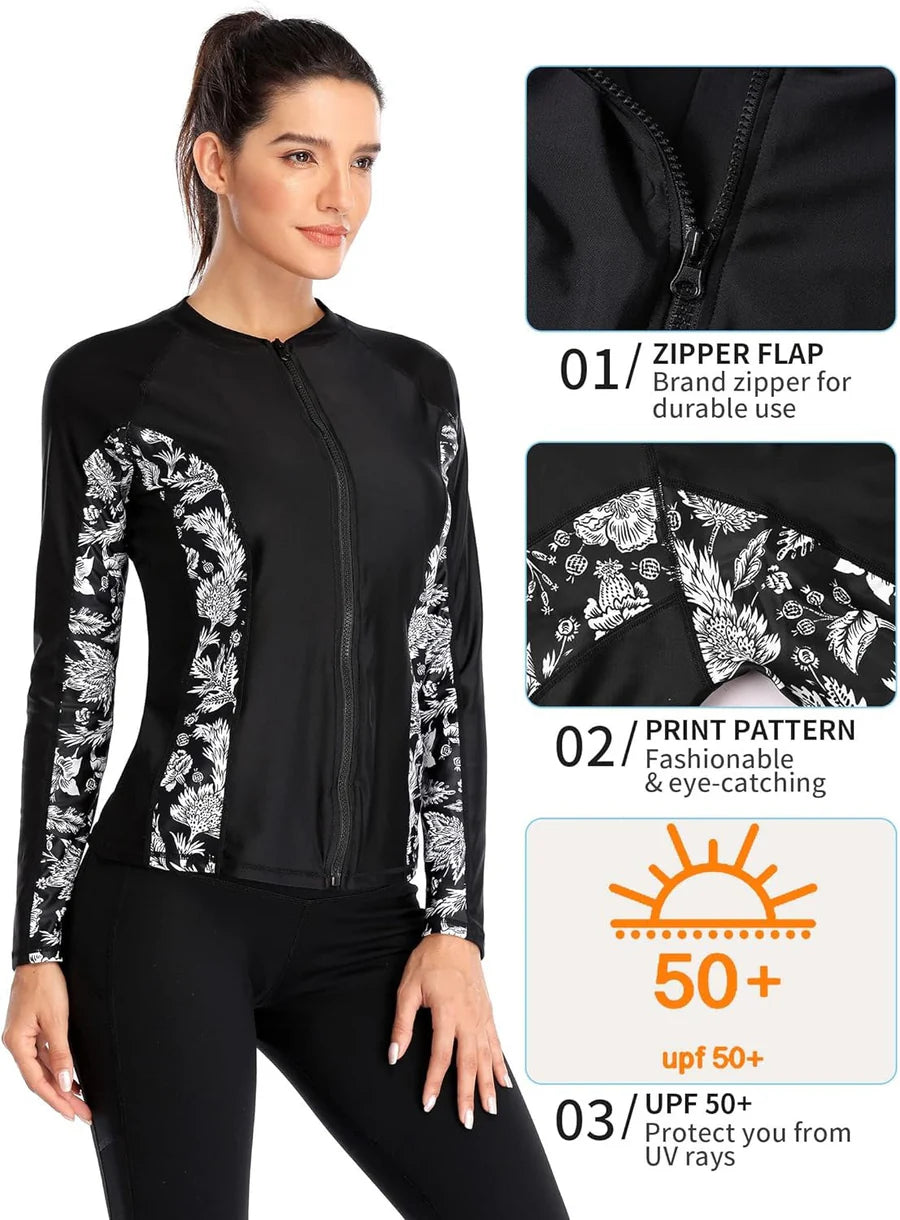 Black - White Zip-Front Long Sleeve UV-Protective Swim