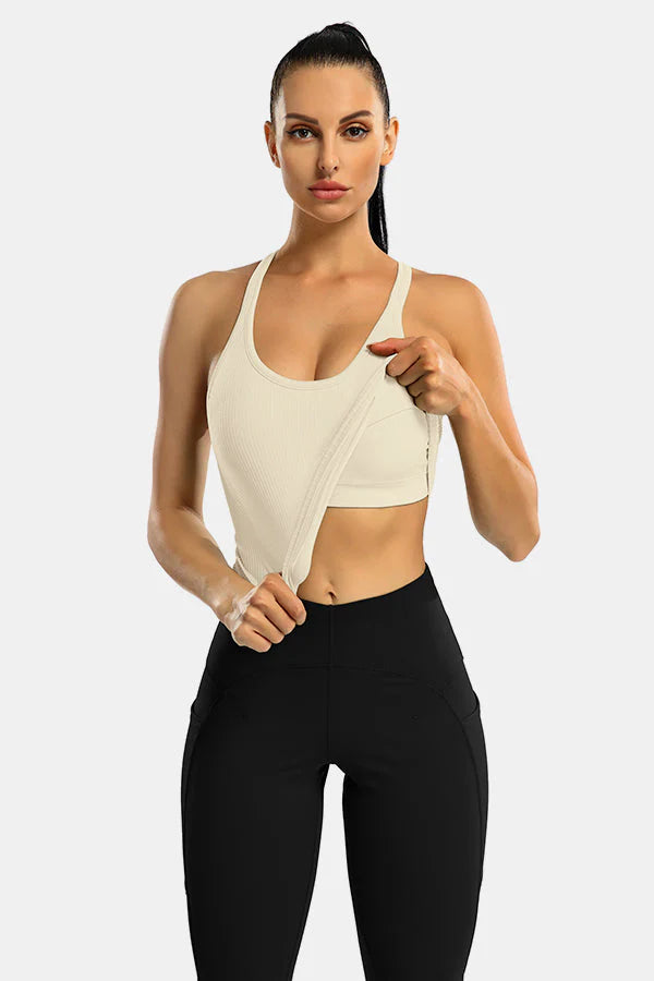 Beige Ribbed Racerback Workout Crop Tank