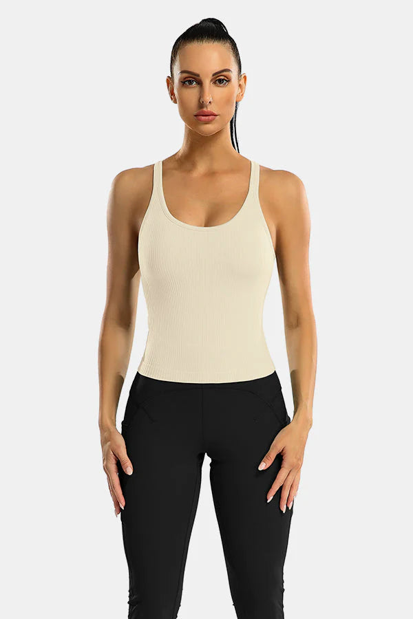 Beige Ribbed Racerback Workout Crop Tank