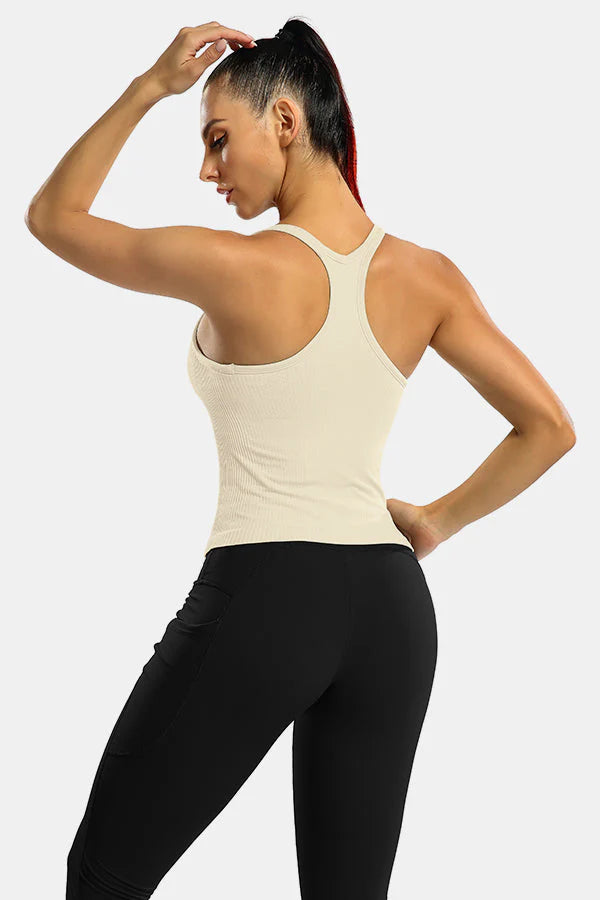Beige Ribbed Racerback Workout Crop Tank