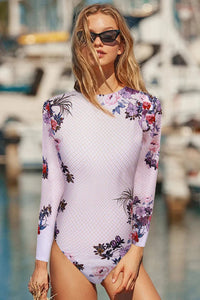 Thumbnail for Floral Print Polka Dots Zip Long Sleeve UPF50+ Rash Guard