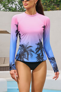 Thumbnail for Pink Gradient Coconut Tree Print Swim Shirt
