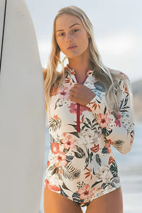 Thumbnail for Sweety Pink Floral Zip Long Sleeve UPF50+ Rash Guard