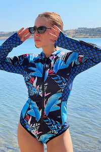 Thumbnail for Leaf Printed Long Sleeve Half Zip UPF50+ Rash Guard