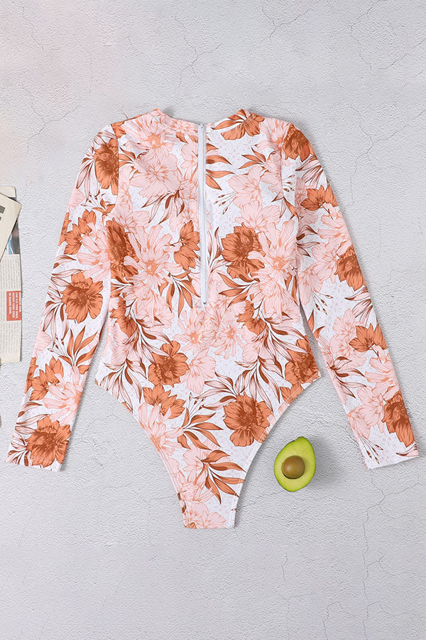 Clearance  Love-filled Floral Print Zip Long Sleeve UPF50+ Rash Guard