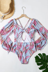 Thumbnail for Leaf Print Cut-Out Puff Long Sleeve UPF50+ Rash Guard