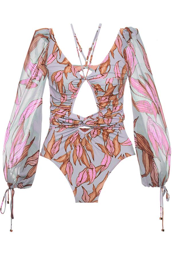 Leaf Print Cut-Out Puff Long Sleeve UPF50+ Rash Guard