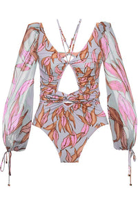 Thumbnail for Leaf Print Cut-Out Puff Long Sleeve UPF50+ Rash Guard