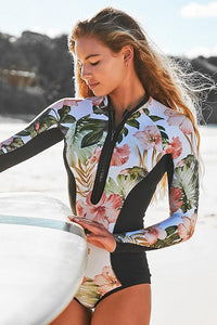 Thumbnail for Palm Leaf Print Long Sleeve Zip UPF50+ Rash Guard