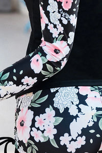 Thumbnail for Black Floral Printed High Neck Zip Two-Piece UPF50+ Rash Guard