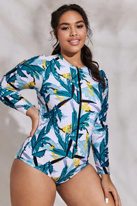 Thumbnail for Plus Size Tropical Doodle Print Long Sleeve UPF50+ Rash Guard