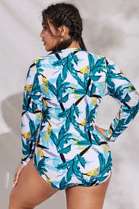 Thumbnail for Plus Size Tropical Doodle Print Long Sleeve UPF50+ Rash Guard