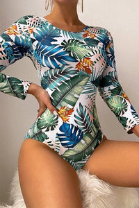Thumbnail for Plant Print Lace-Up Back Long Sleeve Rash Guard – Nature-Inspired Elegance & Performance
