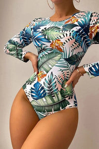 Thumbnail for Plant Print Lace-Up Back Long Sleeve Rash Guard – Nature-Inspired Elegance & Performance