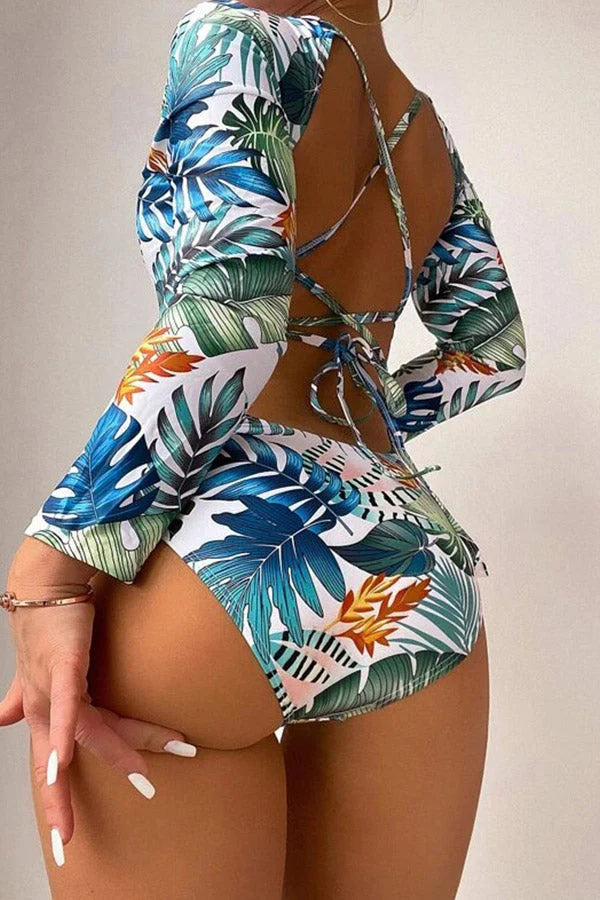 Plant Print Lace-Up Back Long Sleeve Rash Guard – Nature-Inspired Elegance & Performance