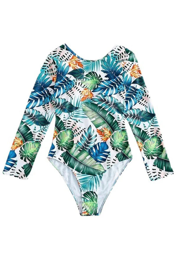Plant Print Lace-Up Back Long Sleeve Rash Guard – Nature-Inspired Elegance & Performance