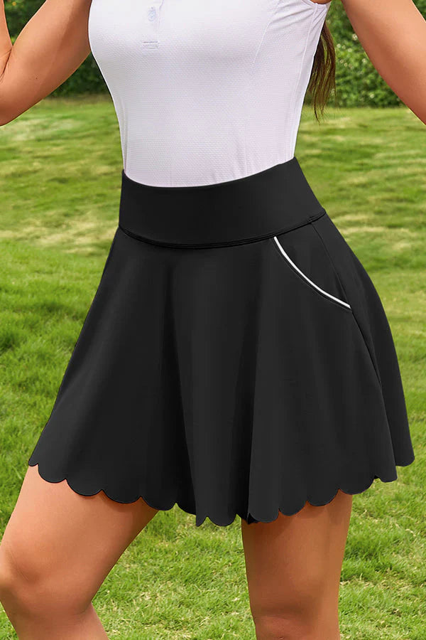 Black Scalloped Edge High-Waist Sports Skirt