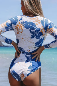 Thumbnail for Blue Tropical Print Long Sleeve One Piece Surfing Swimsuit UPF50+ Rash Guard