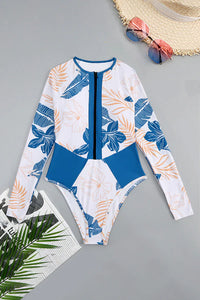 Thumbnail for Blue Tropical Print Long Sleeve One Piece Surfing Swimsuit UPF50+ Rash Guard