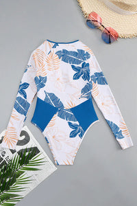 Thumbnail for Blue Tropical Print Long Sleeve One Piece Surfing Swimsuit UPF50+ Rash Guard