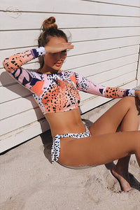 Thumbnail for Leopard Cropped Split Two-Piece UPF50+ Rash Guard