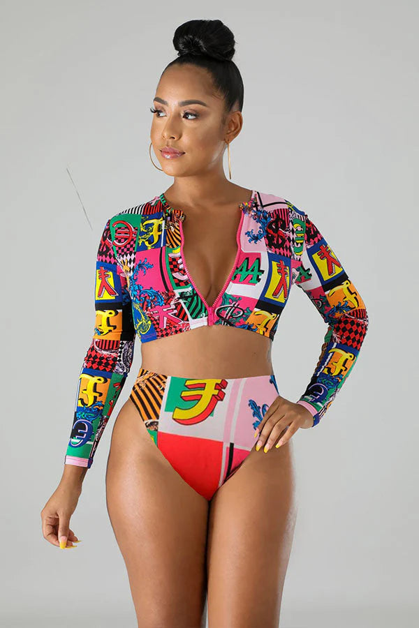 Block Print Long Sleeve Zipper-Up Crop Swimsuit