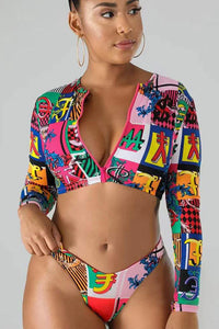 Thumbnail for Block Print Long Sleeve Zipper-Up Crop Swimsuit
