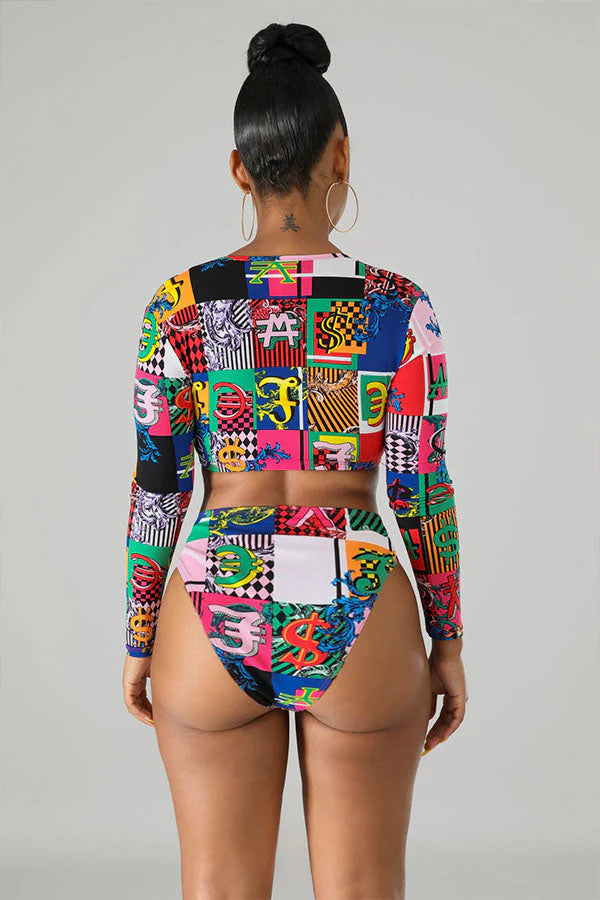 Block Print Long Sleeve Zipper-Up Crop Swimsuit