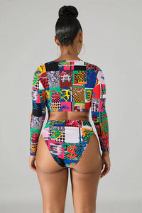 Thumbnail for Block Print Long Sleeve Zipper-Up Crop Swimsuit