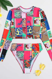 Thumbnail for Block Print Long Sleeve Zipper-Up Crop Swimsuit