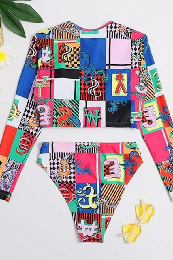 Block Print Long Sleeve Zipper-Up Crop Swimsuit