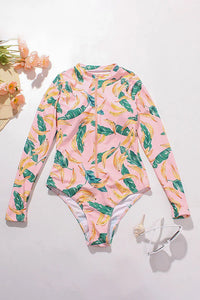 Thumbnail for Tropical Banana Print Zip Long Sleeve UPF50+ Rash Guard