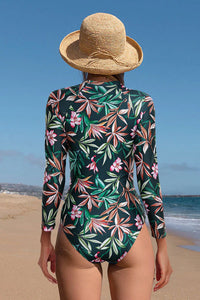 Thumbnail for Green Print Long Sleeve Front Zip UPF50+ Rash Guard
