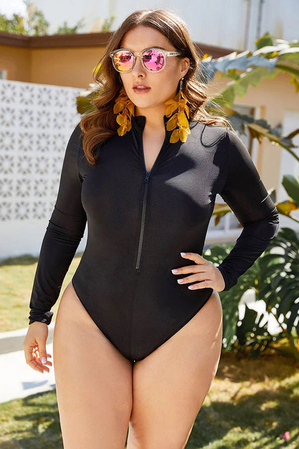 Plus Size Solid High Neck Long Sleeve UPF50+ Rash Guard